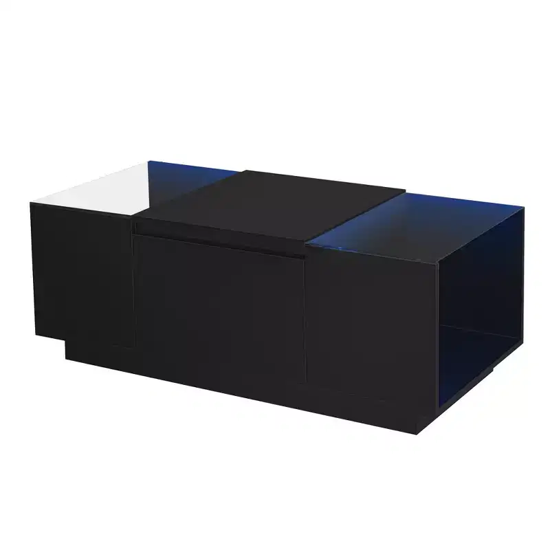 CLIHOME Modern LED Center Table with Glass Tabletop, Coffee Table with Open Storage Compartment and 2 Hidden Drawers
