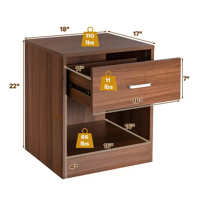 Modern Nightstand with Drawer and Open Shelf Black/Brown