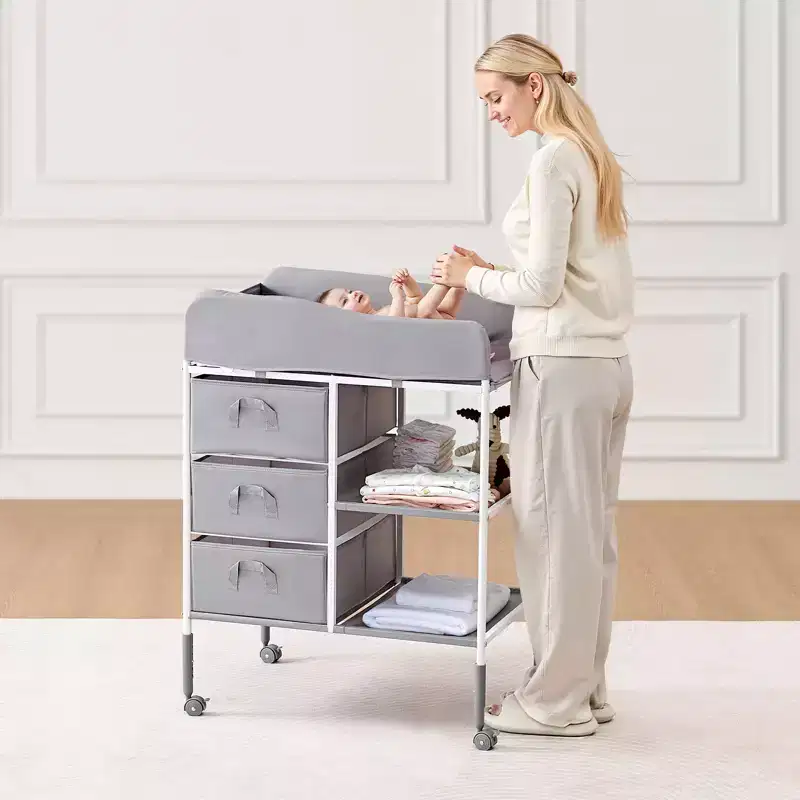 VEVOR Baby Changing Table, Portable Diaper Change Station with 3 Fabric Drawers and Lockable Wheels, Adjustable Height, Gray