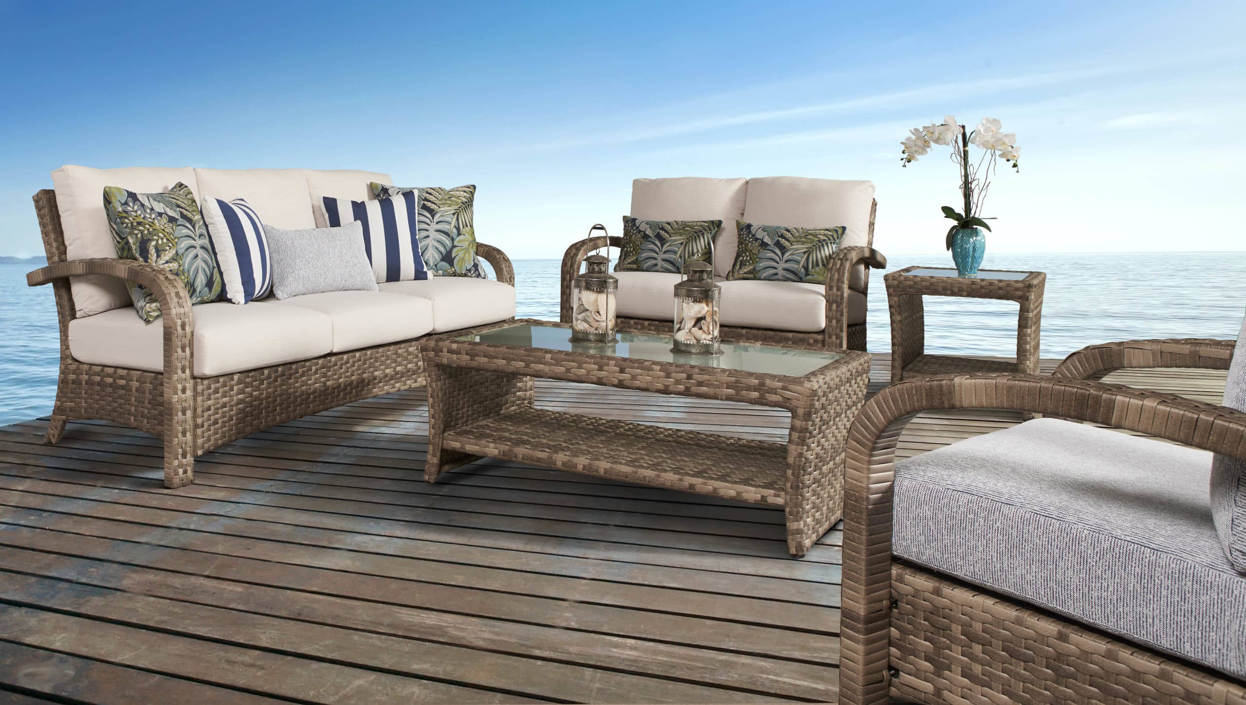 Outdoor Wicker Sofa with Beige Cushions Natural Finish Patio Seating