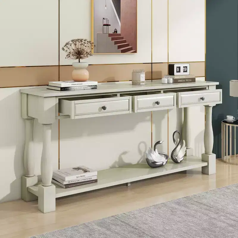 Mediterranean Style Rectangle Wood Long Console Table with Drawers and Shelf