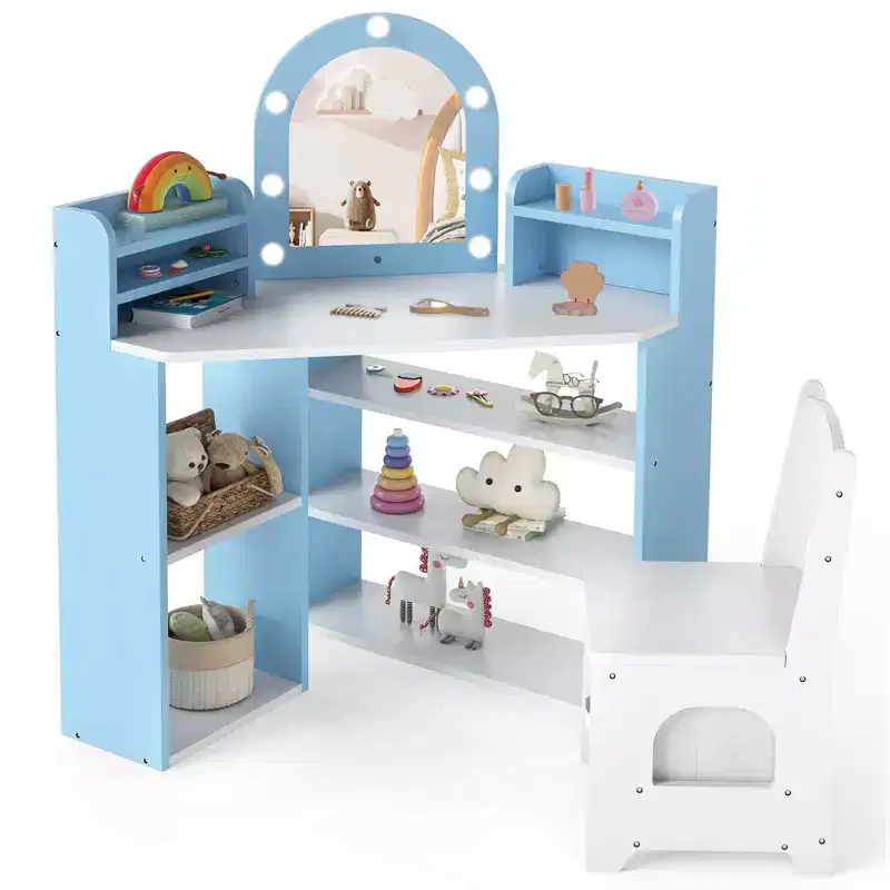 Corner Kids Vanity with Lights, 3 Storage Shelves, 5 Open Compartments, Accessories Pink/Blue + White