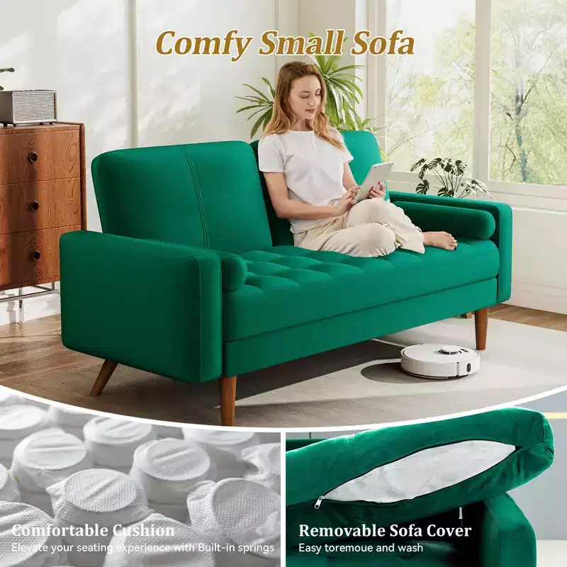 Dyonery 67 Sofa Velvet Loveseat Couch Mid Century Modern Sofa Couch with Solid Wood Legs Beige