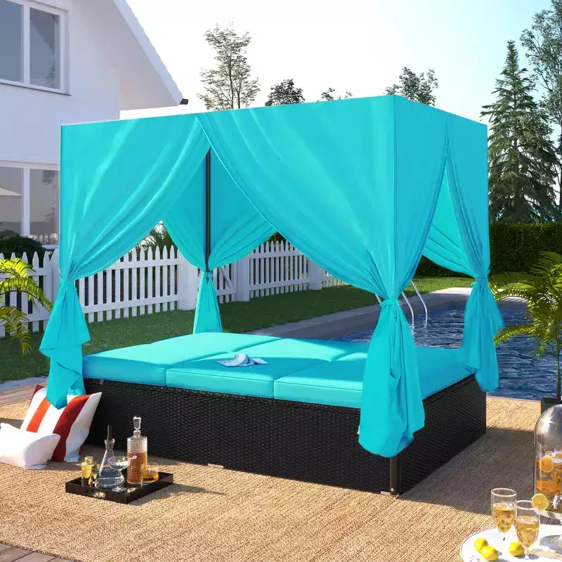 Whisen Patio Wicker Sunbed Daybed with Cushions & Adjustable Seats