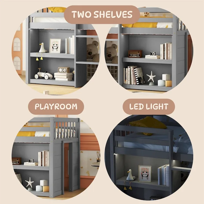 Twin Size Wood Loft Bed with Two-Tier Shelves and LED Light