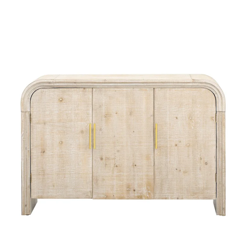 Natural Wood Wash / Antique Black 3-Door Curved Sideboard with Gold Handles