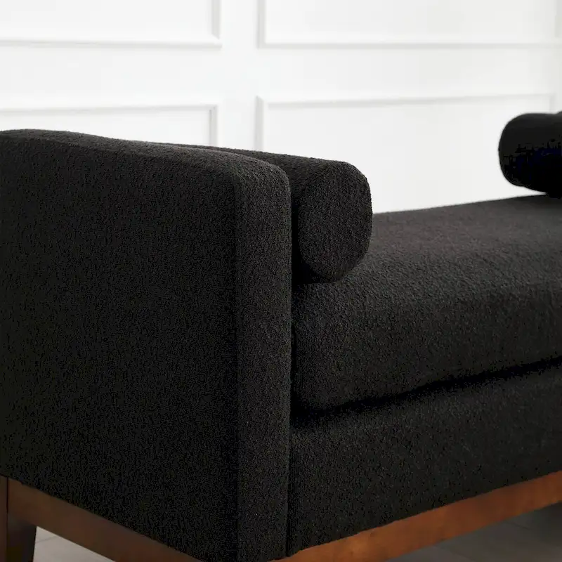 53.5W Elegant Boucle Upholstered Bench, Ottoman with Wood Legs & Bolster Pillows