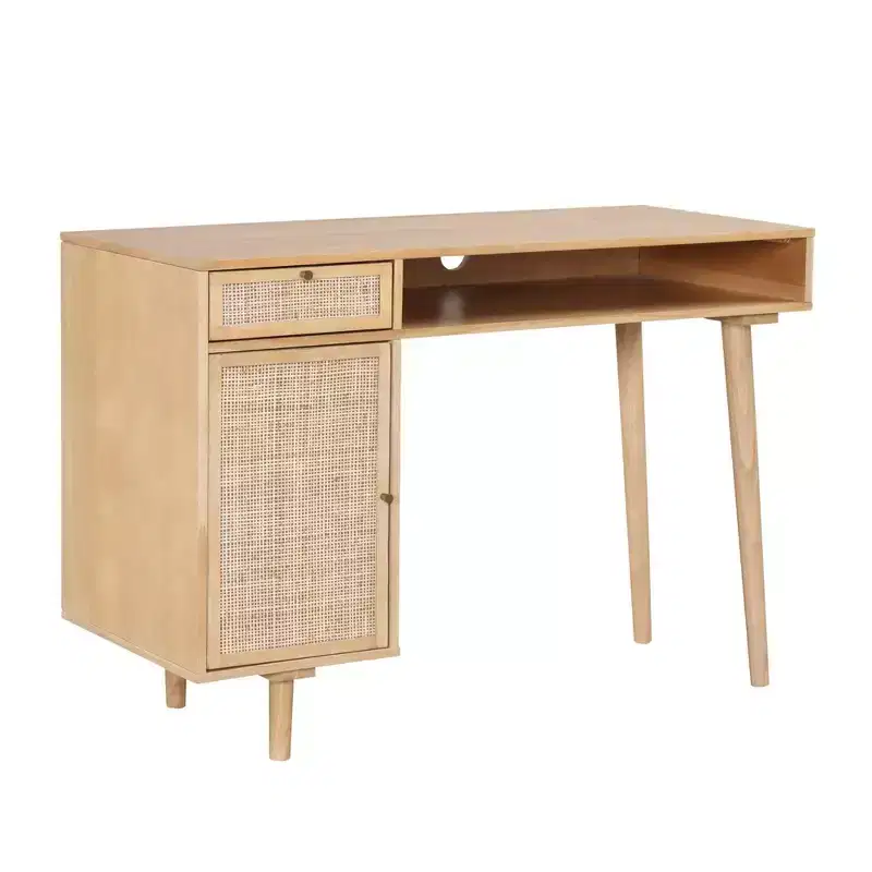 Nathan James Boho Vanity Desk with Storage Warm Pine Rattan: Modern Farmhouse Design, Gold Hardware, Cable Management