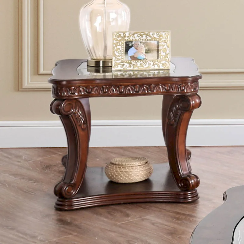 Traditional 26-Inch Side Table | Oak Finish | Glass Top | Wood Shelf Base | Living Room