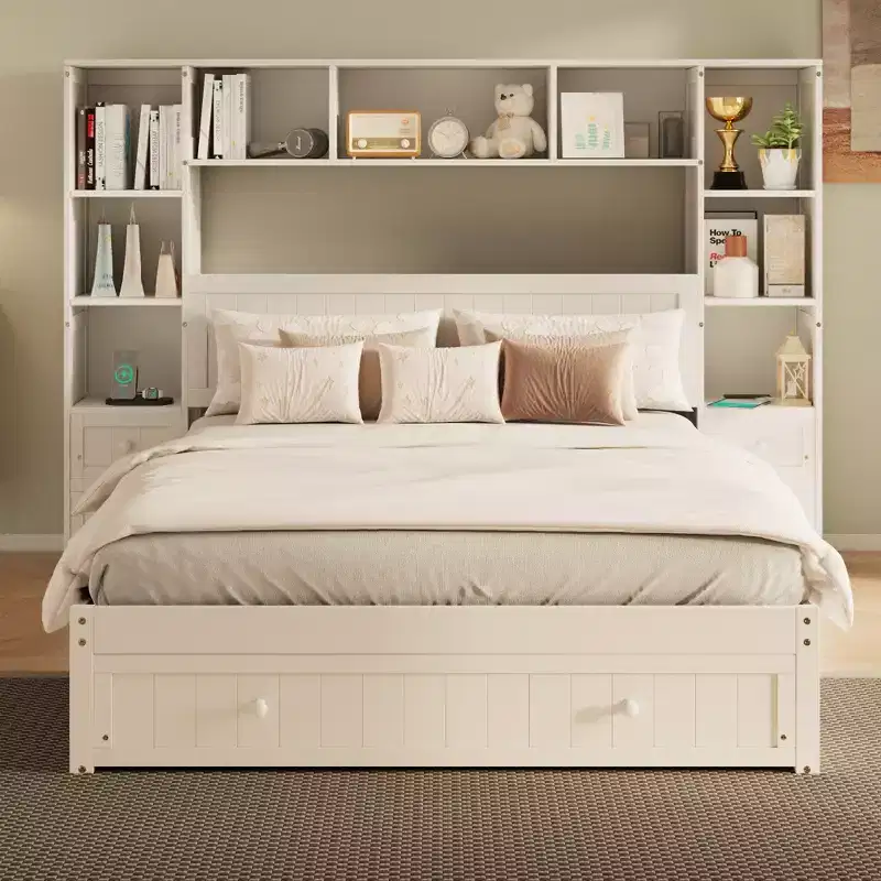Queen Size Pine Wood Platform Bed with Nightstands, Bookcase, Drawers and Charging Ports