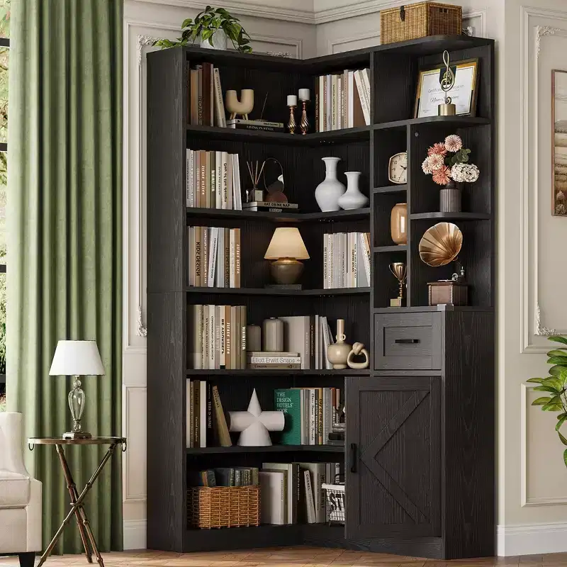 74'' Tall Corner Bookshelf - 6-Tier Book Shelf with Drawer and Cabinets, l-Shaped Bookcase Open Storage Shelves Modern Display Shelf for Home, Office