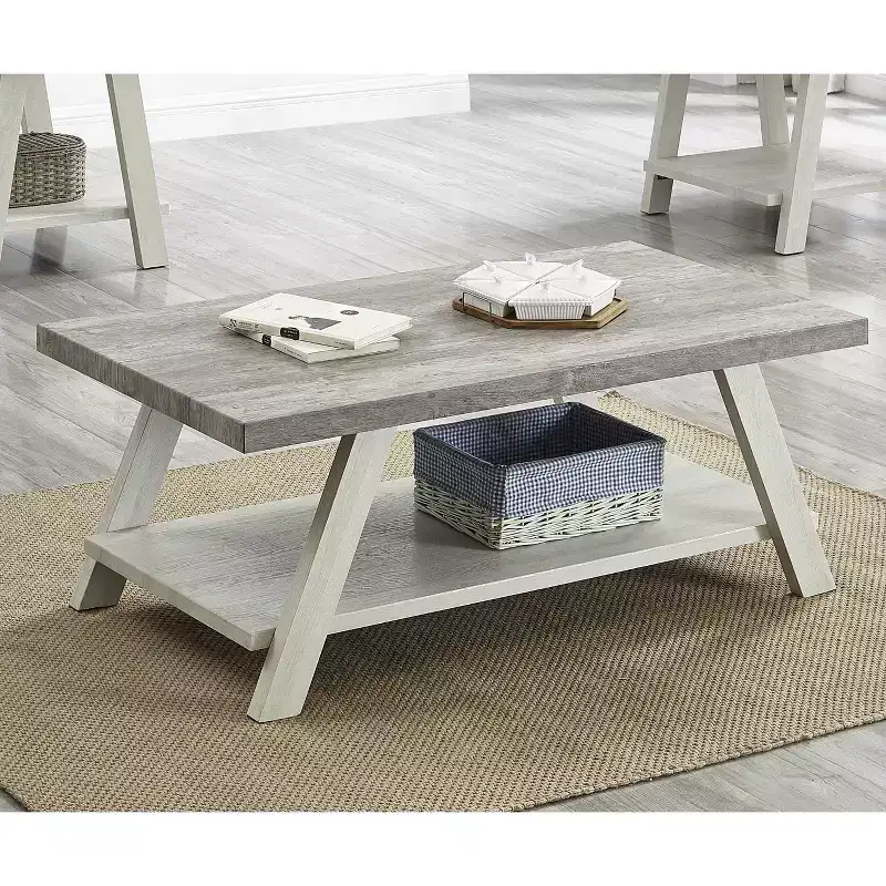 Roundhill Furniture Athens Contemporary Two-Tone Wood Shelf Coffee Table in Weathered Gray and Beige