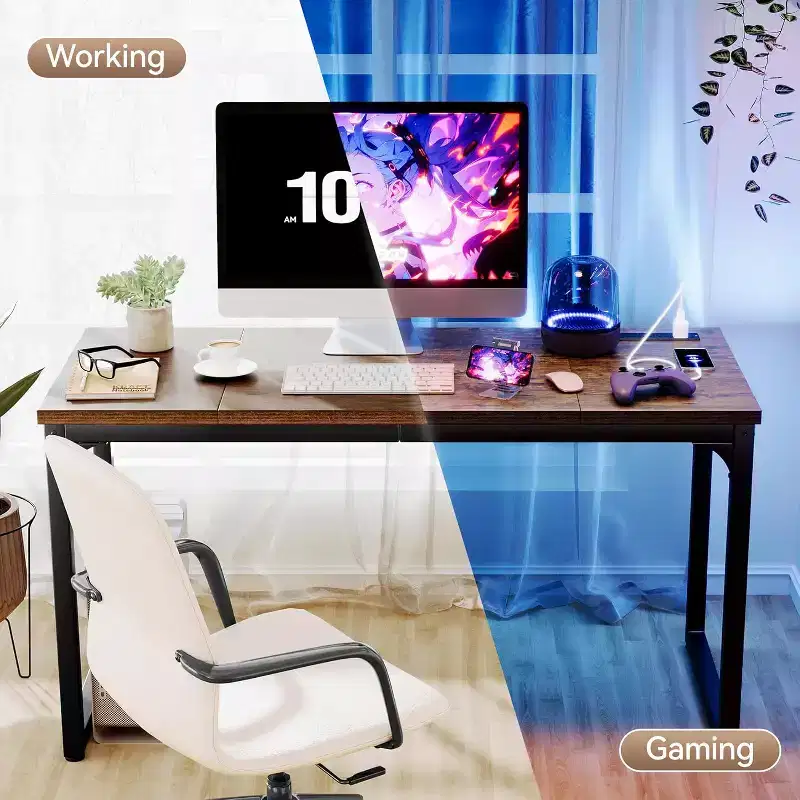 Computer Desk, 1.2 Thick Desktop, Heavy-Duty Metal Frame, Large Home Office & Gaming Desk, Rustic Brown