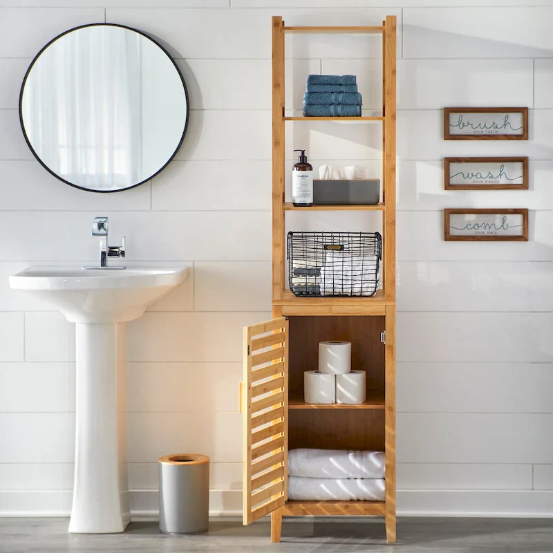 Contemporary Natural Bamboo Bathroom Linen Tower – 3 Shelves & Cabinet