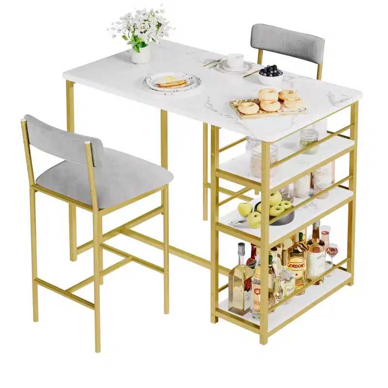 1 Dining Table & 2 High Chairs Bar Dining Set, Easy Assembly, Modern Compact Table Set for Kitchen Dining Room Small Space Home Furniture