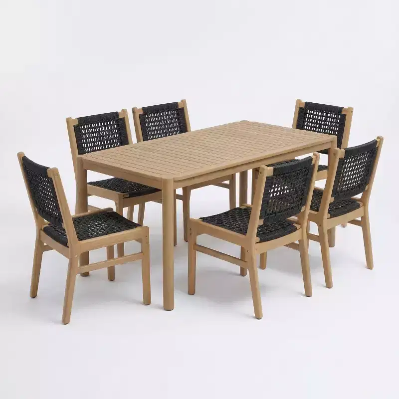 Christopher Knight Home Oksana Farmhouse 7 Piece Patio Acacia Dining Set with Rectangular Slatted Table and Wicker Design