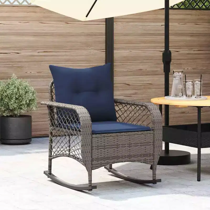 vidaXL Patio Rocking Chair with Cushions Gray Poly Rattan - Gray and Blue
