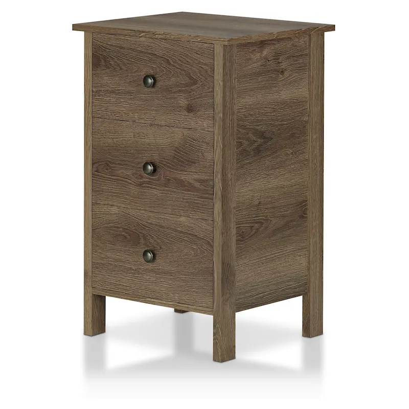 3-Drawer Nightstand, Rustic Distressed Walnut Finish, Engineered Wood, Bedroom Side Table