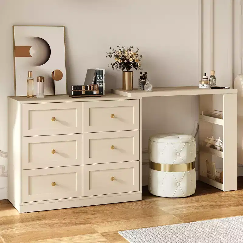 Heynemo 6-Drawer Extendable Corner Vanity Table and Dresser Combo with 3 Side Shelves, Makeup Vanity Desk, Wood Dressing Table for Bedroom