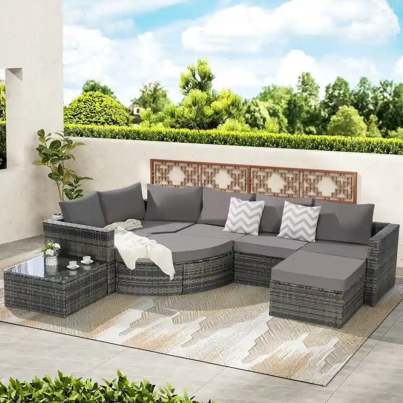8 Piece Outdoor Patio Sofa Set, Sectional L- Shaped Patio Furniture Wicker Patio Conversation Set
