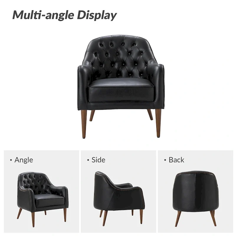 Melisa Classic Genuine Leather Wood Legs Barrel Chair With Tufted Back By HULALA HOME
