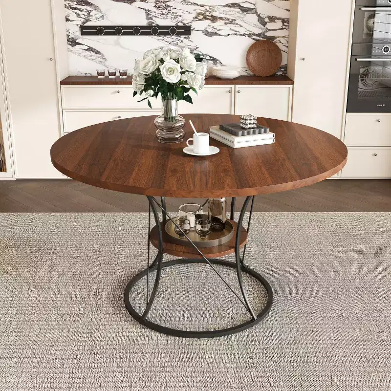 4359 Extendable Round Dining Table for 46, Kitchen Table with Storage Shelf and Metal Base for dining room-Panipeachy