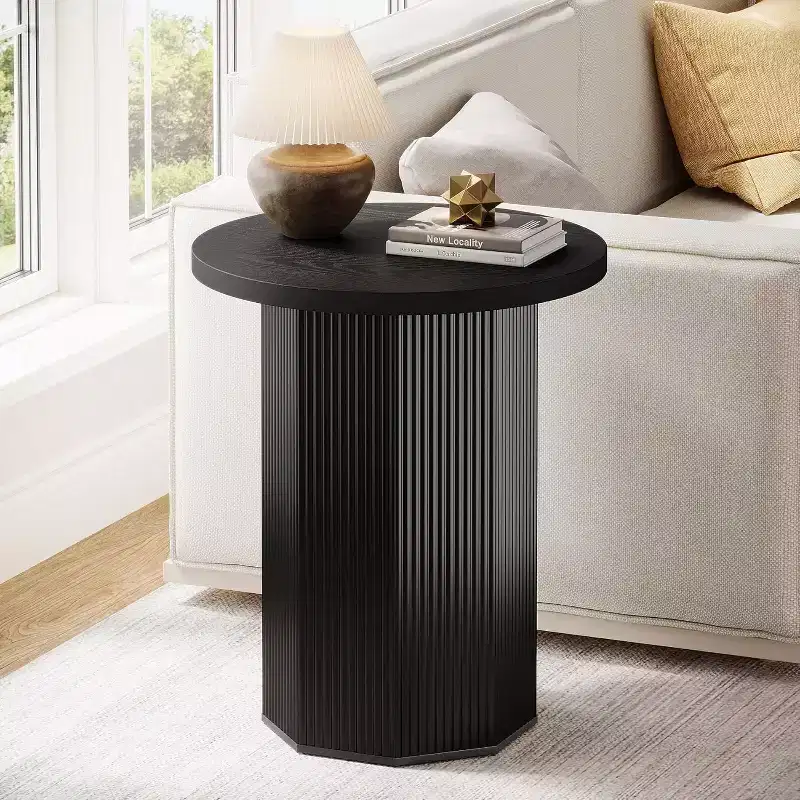 Round End Table, Farmhouse Pedestal Side Table, Fluted Wooden Nightstand Drink Stand for Living Room, Bedroom,Black