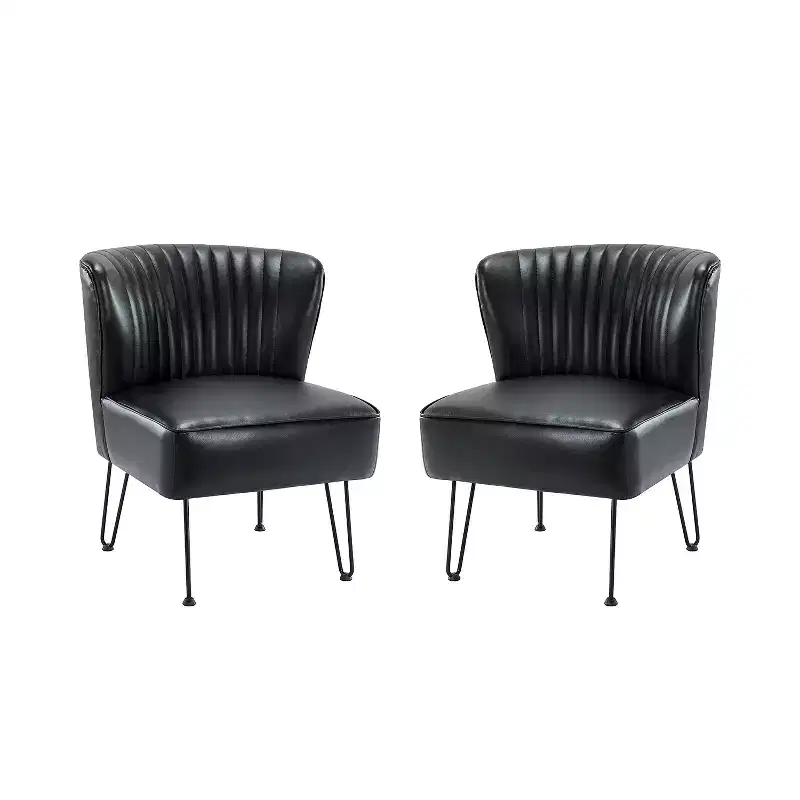 Set of 2 Mid-Back Tufted Faux Leather Accent Side Chairs with Metal Base