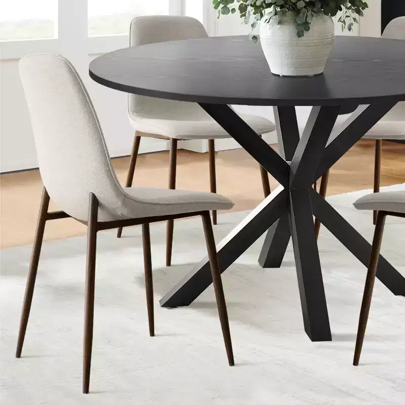 5 Pcs Dining Set for 4 Round Dining Table with Crossed Metal Legs and Oak Grain Upholstered Chairs for Kitchen and Dining Room - Panipeachy