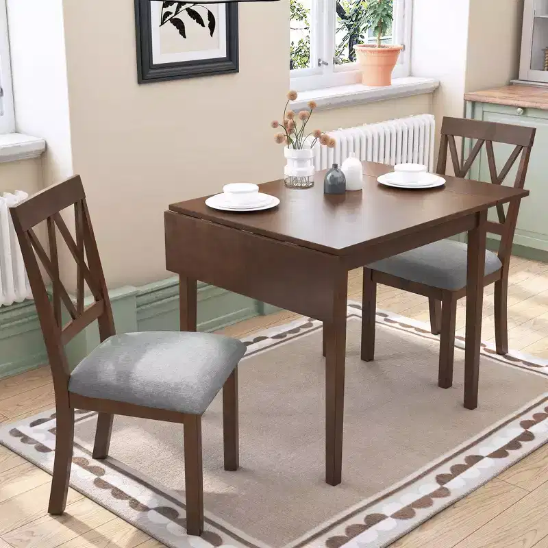 3 Piece Expandable Dining Set with 2 Upholstered Chairs, Wood Dining Table with Drop Leaf for Small Place