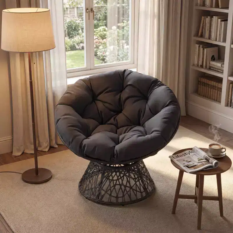Gymax 360-DegreeSwivel Papasan Chair Round Wicker Lounge Chair w/Thick Cushion&Metal Frame