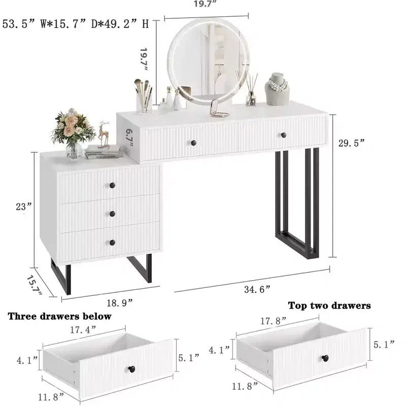 Modern Makeup Vanity Desk with Mirror, Lights & 5 Drawers,Bedroom Vanity Organizer