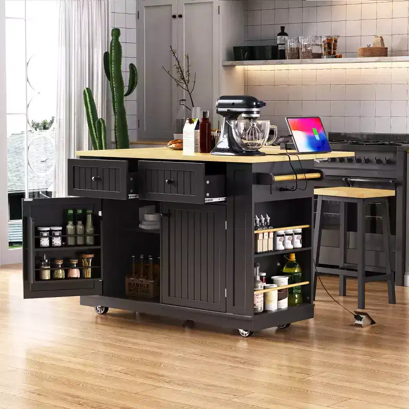 48 Large Rolling Kitchen Island with Drop Leaf Power Outlet & 5 Wheels, Kitchen Cart with Adjustable Shelves & Spice Rack, White/Black - ModernLuxe