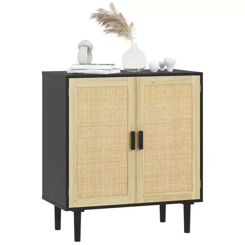 Bohemian Sideboard Buffet Cabinet with Rattan Doors & Shelves - Coffee Bar Cabinet for Living Room & Hallway