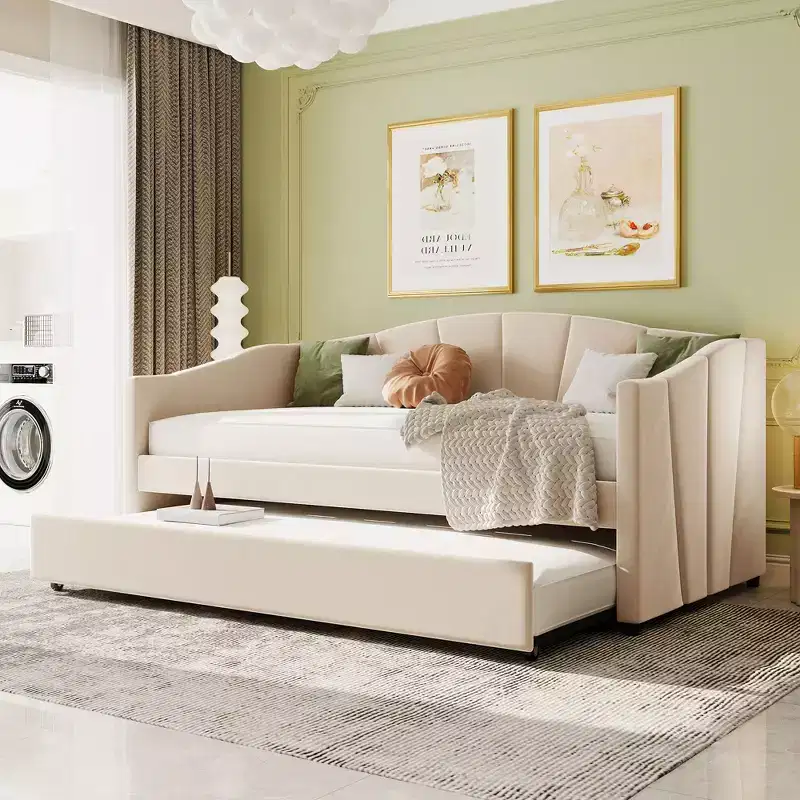 Twin Size Upholstered Daybed with Trundle, Velvet Sofa Bed with Headboard and Armrest for Living Room