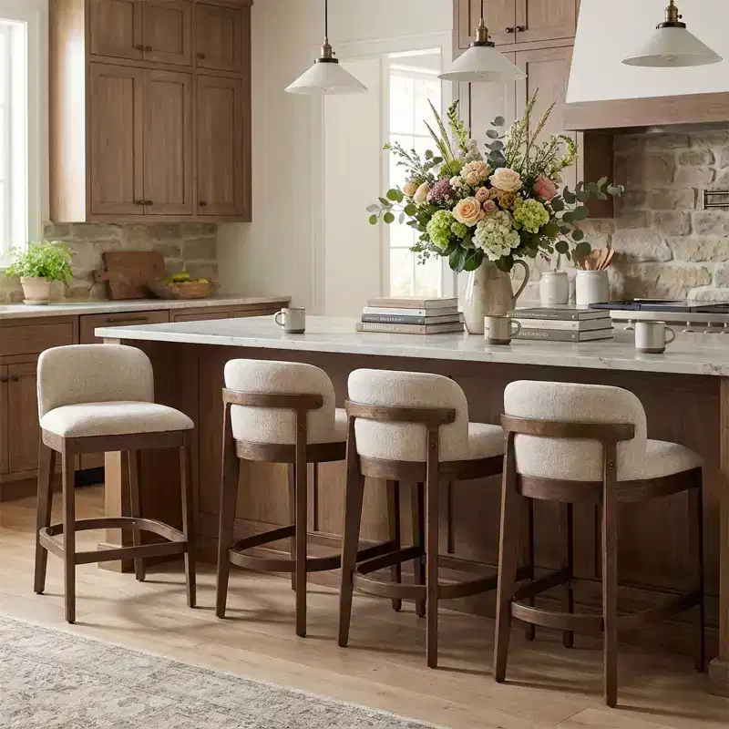 Christopher Knight Home Stephanie Farmhouse Rubberwood Upholstered Counter Stools with Curved Backrest (Set of 4)