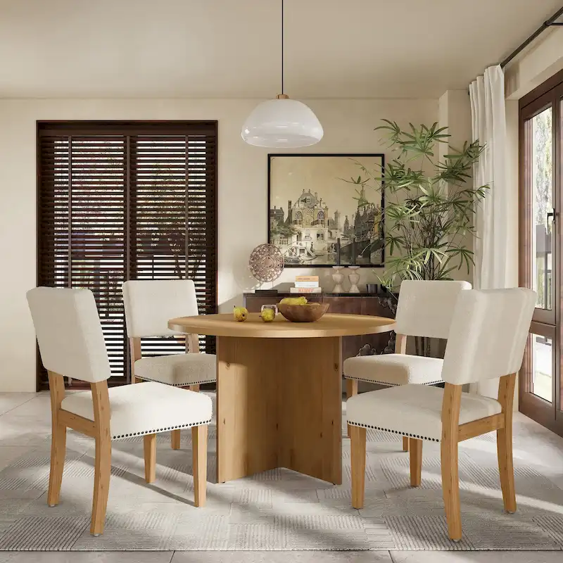 Sakin Modern 5-Piece Round Dining Table Set with Pedestal Base and Upholstered Chairs by GDFStudio