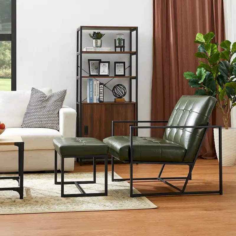 Glitzhome Modern PU Leather Tufted Accent Chair with Ottoman Set