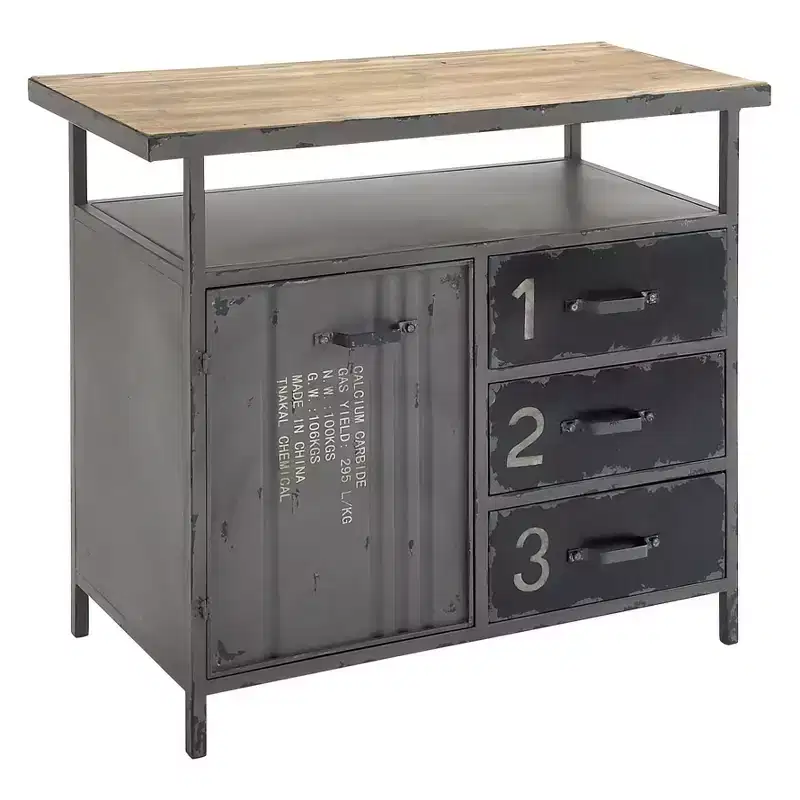 Olivia & May Metal Utility Cabinet with Wood Top Steel Gray: Industrial Style, Iron Frame, 3 Drawers, 2 Doors, No Assembly Required