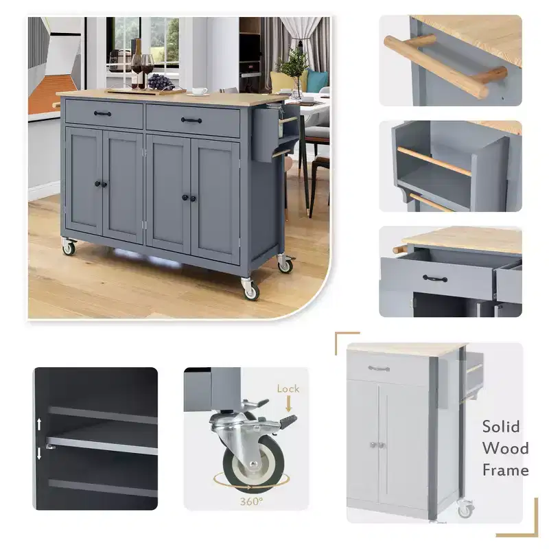 Whisen Modern Wood Kitchen Island with Spice Rack and Drawers