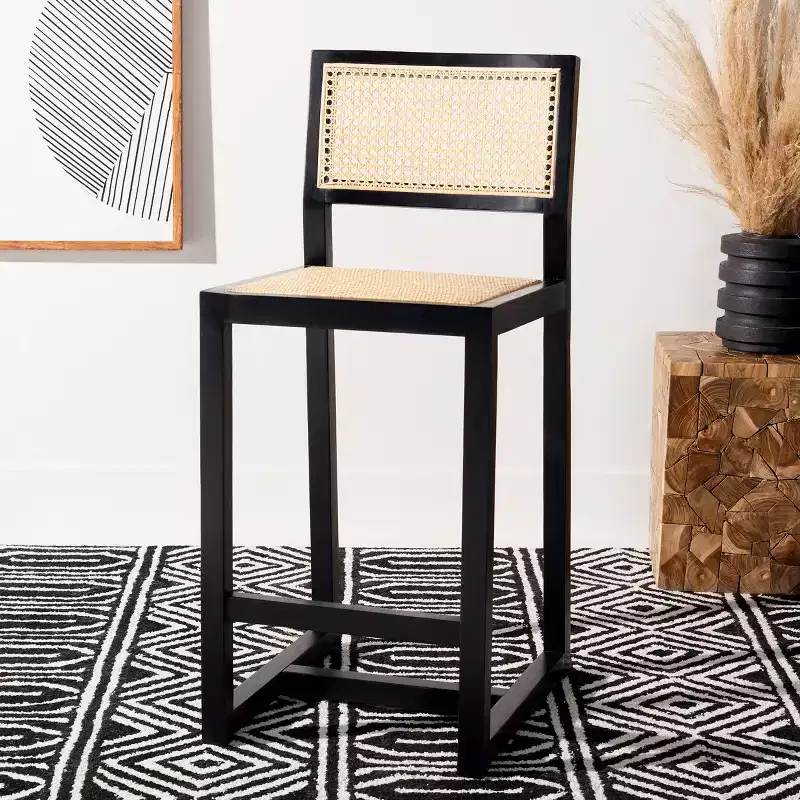 Rattan Counter Stool with Beechwood Frame, Armless Low Back, Footrest, 275 lbs Capacity
