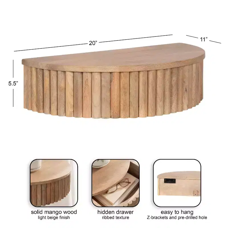 Kate and Laurel Reid Ribbed Floating Side Table, 20x11x6, Natural