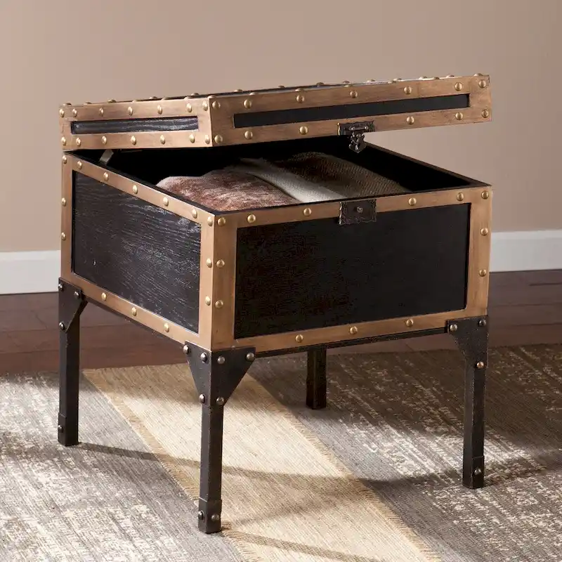 Azul Antique Trunk Side Table – Vintage Storage Accent Table with Antique Bronze Detail