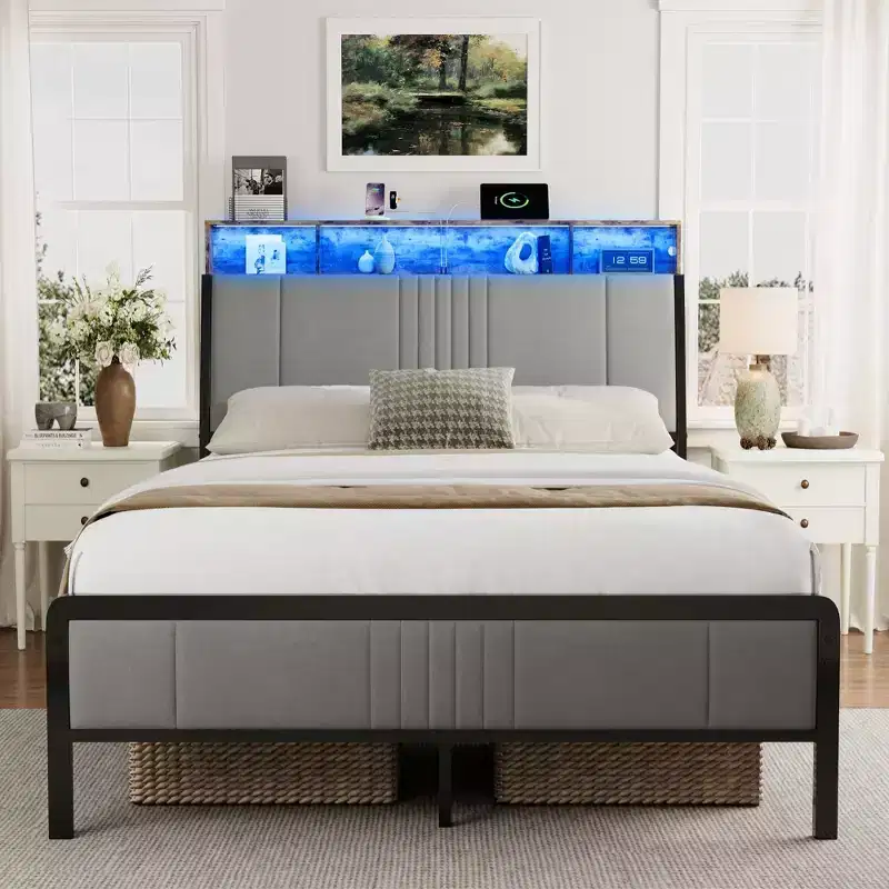 Sailvan Bed Frame, Metal Platform Bed with Headboard, Underbed Storage & Ergonomic Headboard for Support, No Box Spring Needed