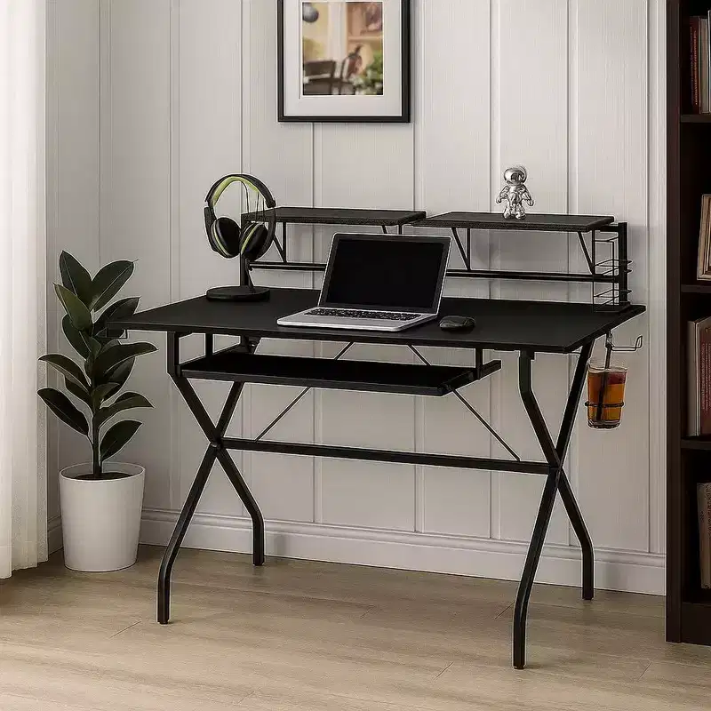 Royal Hampton Tubular Metal Frame Computer Desk with 2 Shelves and Cup Holder, Black
