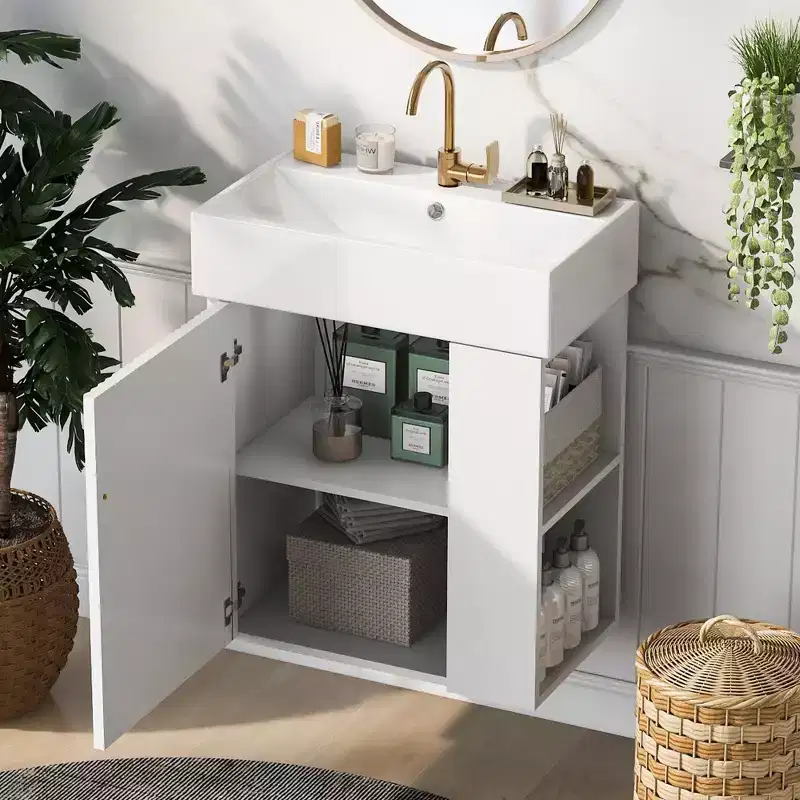 Floating Bathroom Vanity with Ceramic Top Sink, Right/Left Side Storage Space, Wall-Mounted Wooden Bathroom Cabinet for Small Bathroom