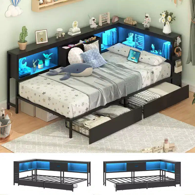 Twin Corner Bed Frame with Storage Drawers, Charging Station & Shelves, L-Shaped Daybed for Teens