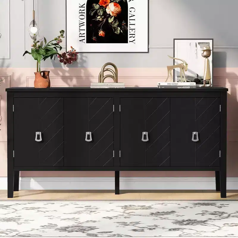 63 4-Door Sideboard Cabinet,Cupboard with Geometric Patterned Doors,Metal Handles,Adjustable Shelves,Console Table for Living Room,Dining Room