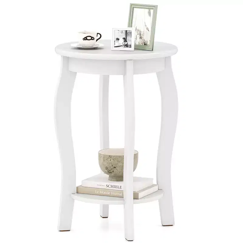 Costway 2-Tier Round End Table Narrow Sofa Side Nightstand w/ Storage Shelf & Wood Legs
