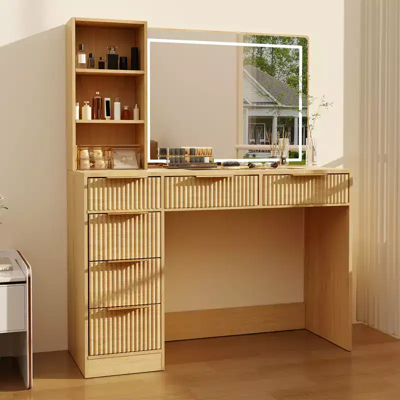 Fluted Vanity Desk with Large Mirror & Lights, Big Makeup Table with 6 Drawers & Charging Station